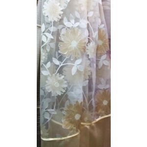 Тюль готовый короткий комбинированный с бежевыми цветами и однотонной отделкой  300* 180см