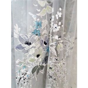 Тюль готовый короткий комбинированный с бирюзовыми цветами и белой отделкой 300*160см